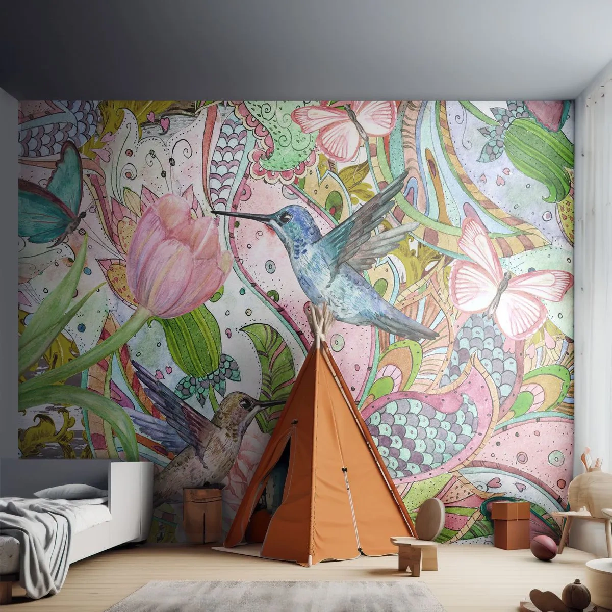 Fotomurali Premium Canvas - Intrecciate nei rami - Fiori, Uccello, Farfalla - 500x350 cm