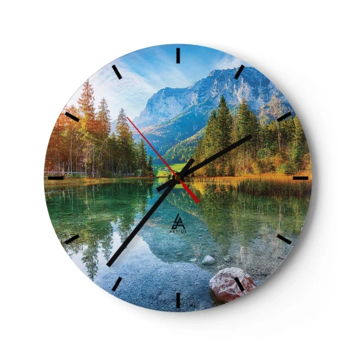 Orologio da parete - Orologio in Vetro - Paesaggio montano con lago e foresta - 30x30cm - La mitezza dell'autunno - Decorazione murale moderna per soggiorno, cucina e camera da letto ARTTOR