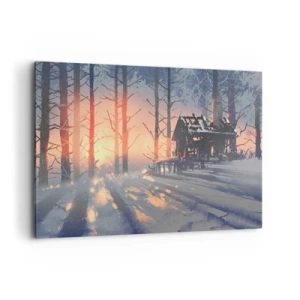 Quadro su tela - Stampe su Tela - Una casetta nel bosco in un paesaggio invernale con i raggi del sole al tramonto - 100x70cm - Qui solamente il sole osserva - Decorazione murale moderna per soggiorno e camera da letto ARTTOR