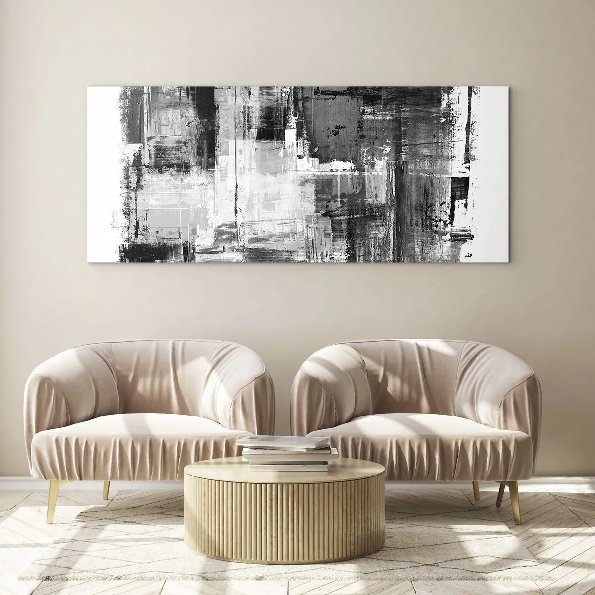 Quadro su vetro - Composizione astratta in nero, bianco e grigio - 160x50cm - Il grigio è bello - Decorazione murale moderna per soggiorno e camera da letto ARTTOR