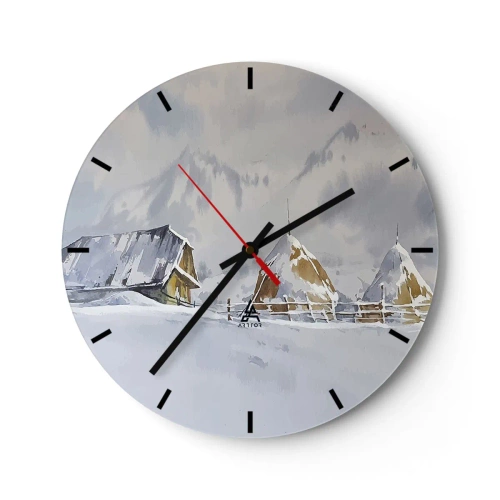 Orologio da parete - Orologio in Vetro - Paesaggio invernale con una casetta e pagliai nella neve - 30x30cm - Nella valle innevata - Decorazione murale moderna per soggiorno, cucina e camera da letto ARTTOR