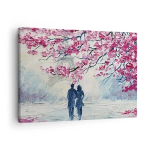 Quadro su tela - Stampe su Tela - Una coppia sotto alberi rosa in fiore in un ambiente romantico - 70x50cm - Passeggiata romantica - Decorazione murale moderna per soggiorno e camera da letto ARTTOR