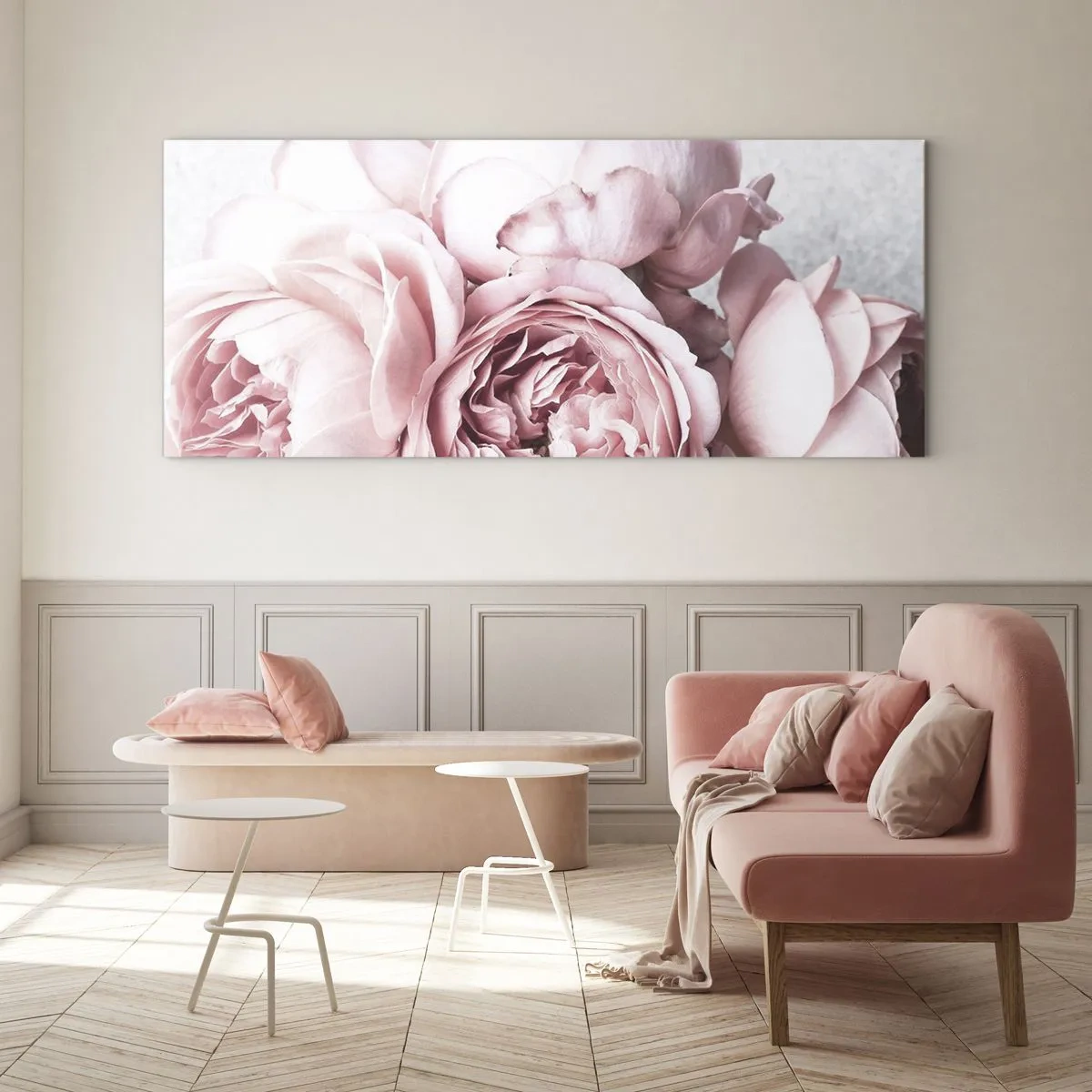 Quadro su vetro - Peonie rosa in luce soffusa su uno sfondo chiaro - 120x50cm - Per i romantici - Decorazione murale moderna per soggiorno e camera da letto ARTTOR