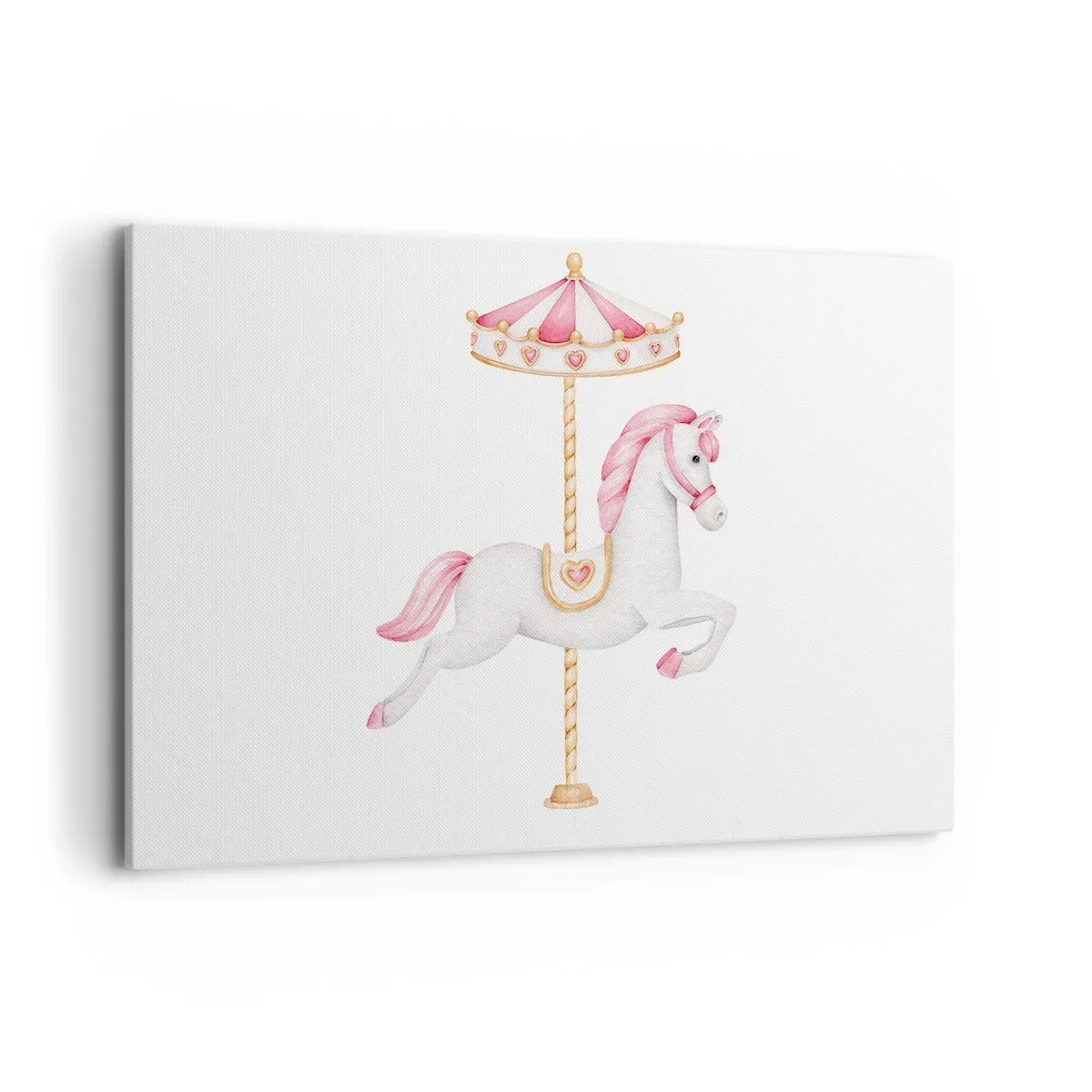 Quadro su tela - Stampe su Tela - Un cavallo da giostra nei toni pastello del rosa - 120x80cm - Partito al galoppo. - Decorazione murale moderna per soggiorno e camera da letto ARTTOR
