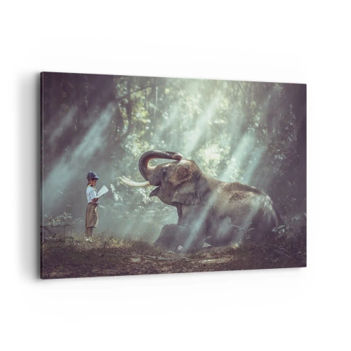 Quadro su tela - Stampe su Tela - Un ragazzo e un elefante in una foresta illuminata dalla luce del sole - 120x80cm - Ascoltalo… - Decorazione murale moderna per soggiorno e camera da letto ARTTOR