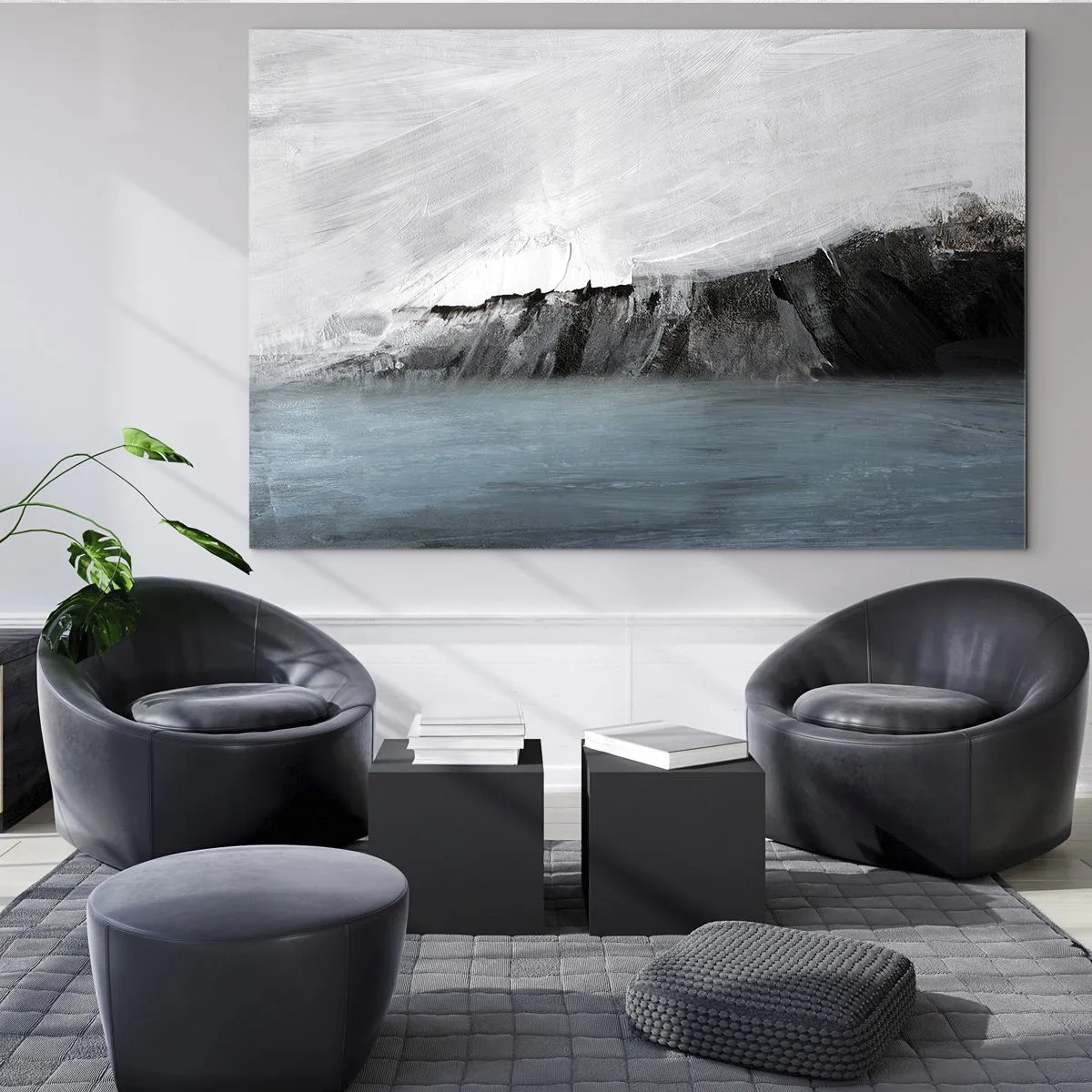 Quadro su vetro - Composizione astratta nei toni del blu, bianco e nero - 70x50cm - Acqua-terra: lo scontro degli elementi - Decorazione murale moderna per soggiorno e camera da letto ARTTOR