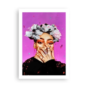 Poster - Un ritratto espressivo di una donna su uno sfondo rosa intenso. - 50x70cm - Un po' folle - Decorazione murale moderna per soggiorno e camera da letto ARTTOR
