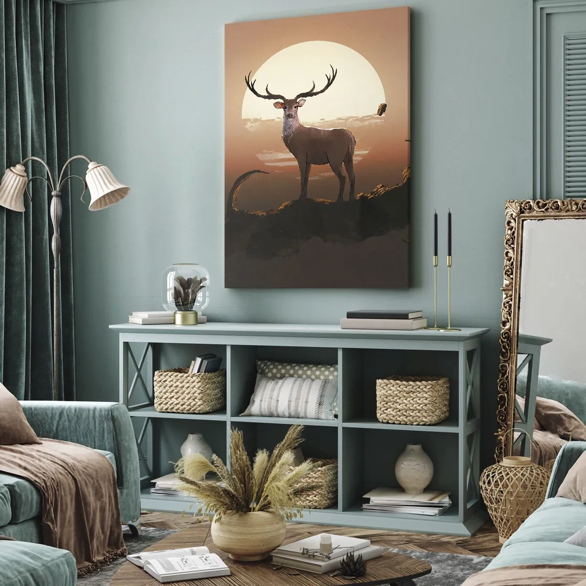 Quadro su tela - Stampe su Tela - Un cervo sullo sfondo del sole al tramonto e di un paesaggio surreale - 70x100cm - Questa notte è diversa dalle altre - Decorazione murale moderna per soggiorno e camera da letto ARTTOR