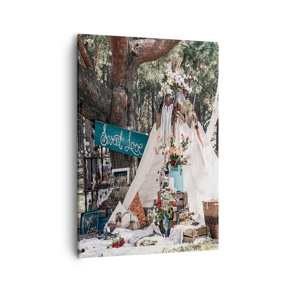 Quadro su tela - Stampe su Tela - Decorazione boho con un teepee nella foresta - 50x70cm - Make love... - Decorazione murale moderna per soggiorno e camera da letto ARTTOR