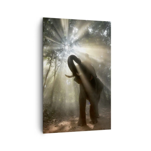 Quadro su tela - Stampe su Tela - Un elefante nella foresta circondato da raggi di luce nella nebbia mattutina - 80x120cm - Sotto una stella fortunata - Decorazione murale moderna per soggiorno e camera da letto ARTTOR
