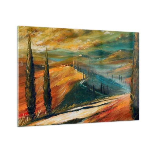 Quadro su vetro - Tramonto su una collina toscana - 100x70cm - Paesaggio toscano - Decorazione murale moderna per soggiorno e camera da letto ARTTOR