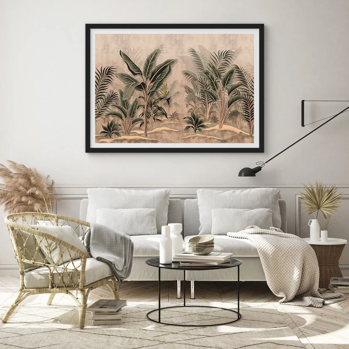 Poster in cornice nera - Palme e vegetazione tropicale nei toni del verde su sfondo beige - 100x70cm - Incisione in stile coloniale - Decorazione murale moderna per soggiorno e camera da letto ARTTOR
