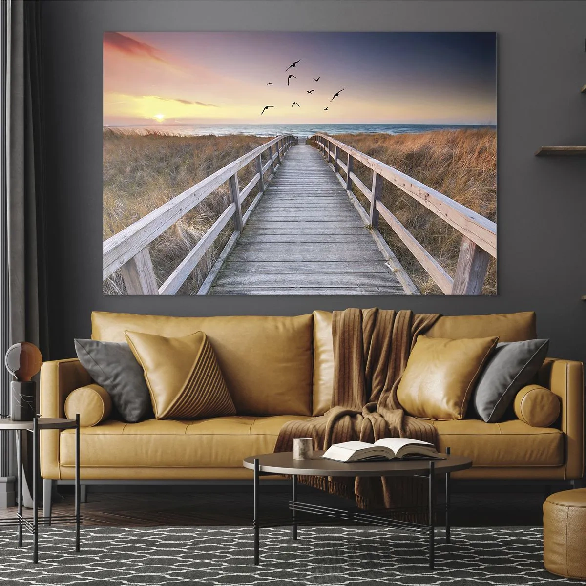 Quadro su vetro - Una passerella di legno sulle dune che conduce alla spiaggia al tramonto - 70x50cm - Spazio per volare - Decorazione murale moderna per soggiorno e camera da letto ARTTOR