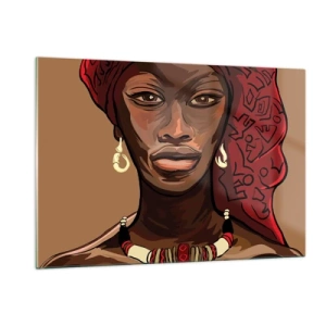 Quadro su vetro - Ritratto stilizzato di una donna con turbante rosso e gioielli. - 120x80cm - Venere di ebano - Decorazione murale moderna per soggiorno e camera da letto ARTTOR