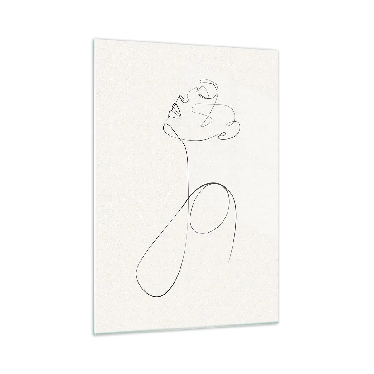 Quadro su vetro - Volto femminile e silhouette in stile line art su sfondo bianco - 50x70cm - Avvolta nei sogni - Decorazione murale moderna per soggiorno e camera da letto ARTTOR