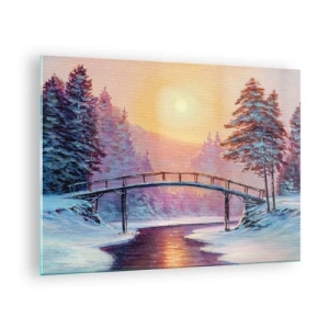 Quadro su vetro - Paesaggio invernale con un ponte su un fiume al tramonto - 70x50cm - Quattro stagioni: inverno - Decorazione murale moderna per soggiorno e camera da letto ARTTOR