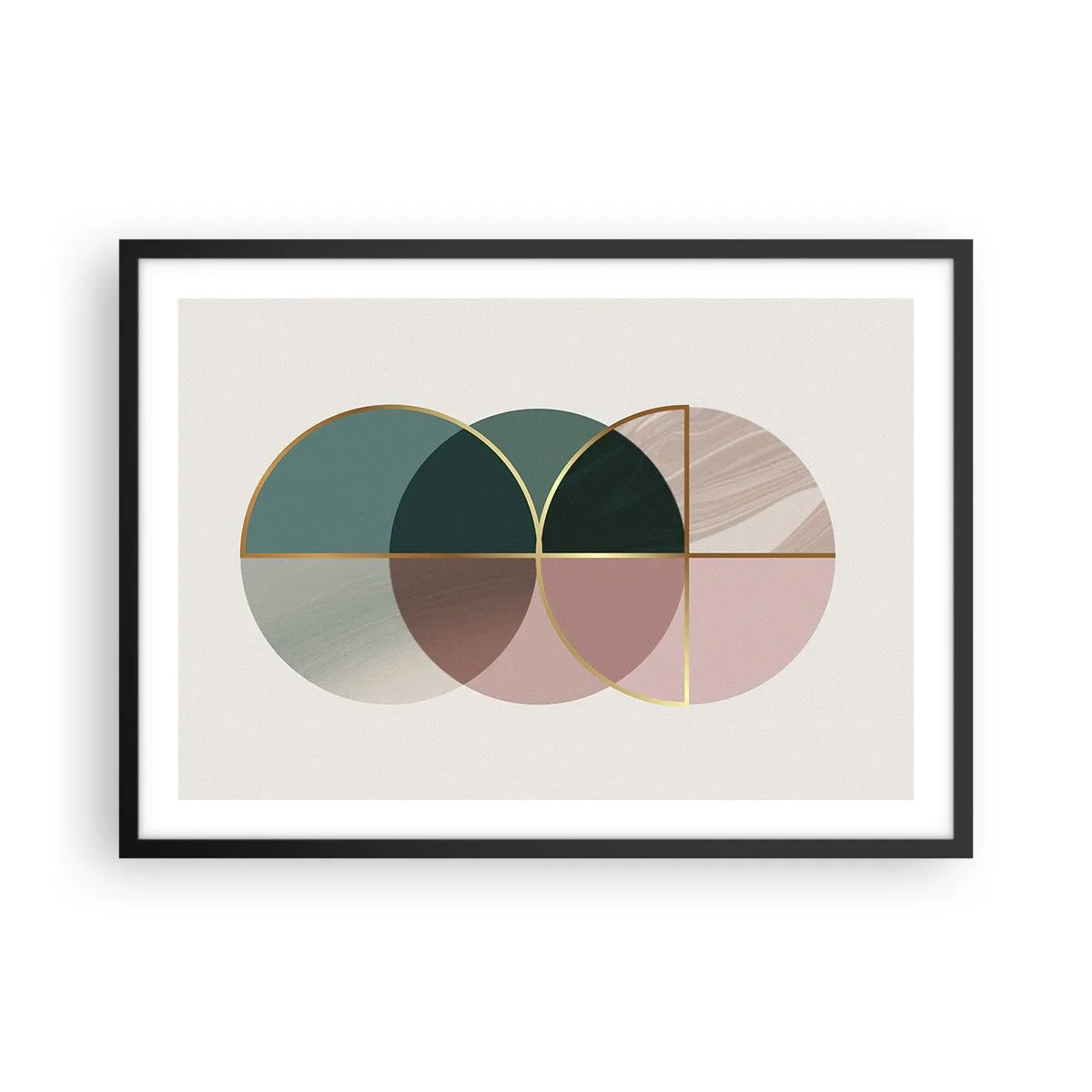 Poster in cornice nera - Una composizione astratta di forme geometriche e linee dorate. - 70x50cm - Un cerchio dietro l'altro... - Decorazione murale moderna per soggiorno e camera da letto ARTTOR
