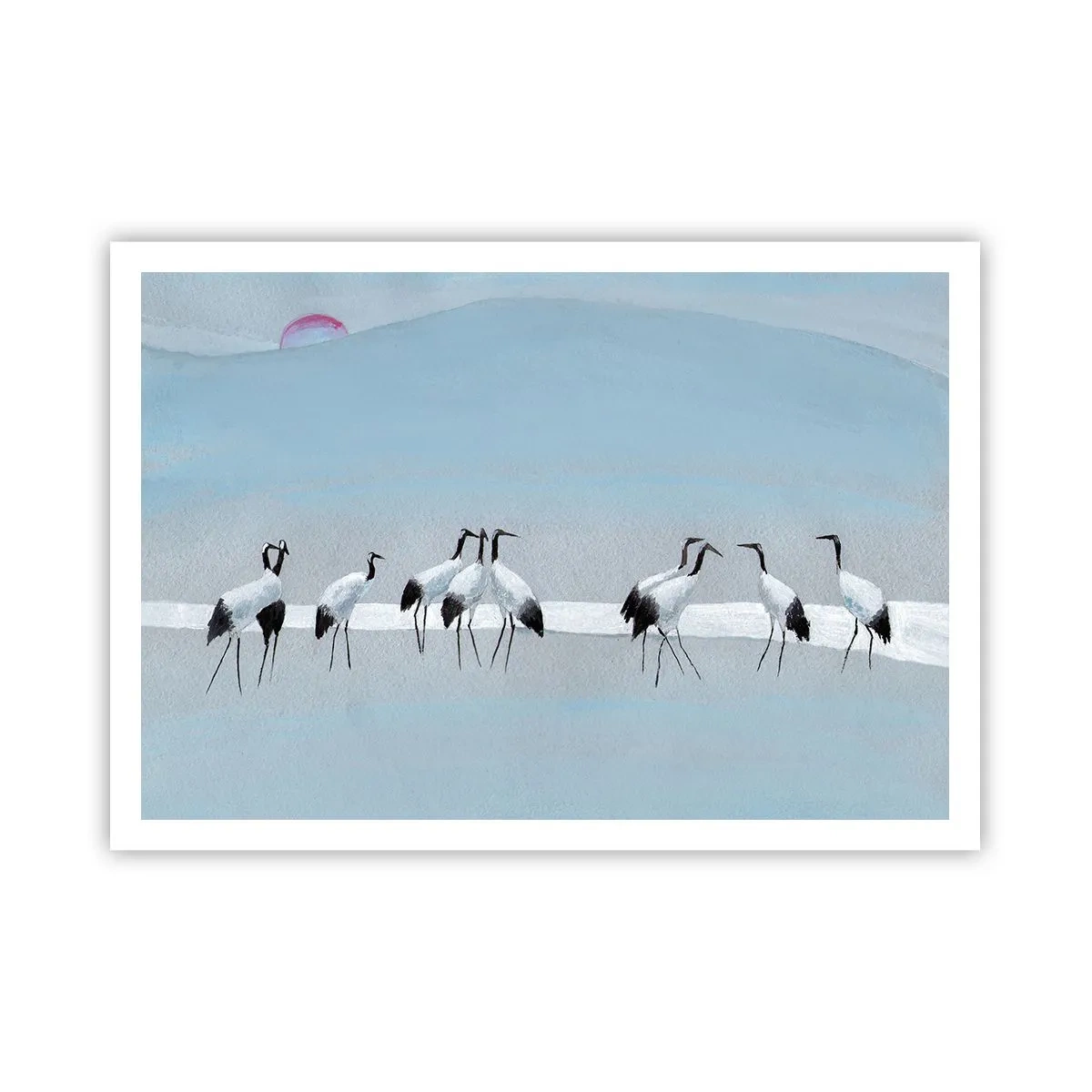 Poster - Un gruppo di gru contro un cielo azzurro e il sole nascente - 100x70cm - Dopo un giorno rovente - Decorazione murale moderna per soggiorno e camera da letto ARTTOR
