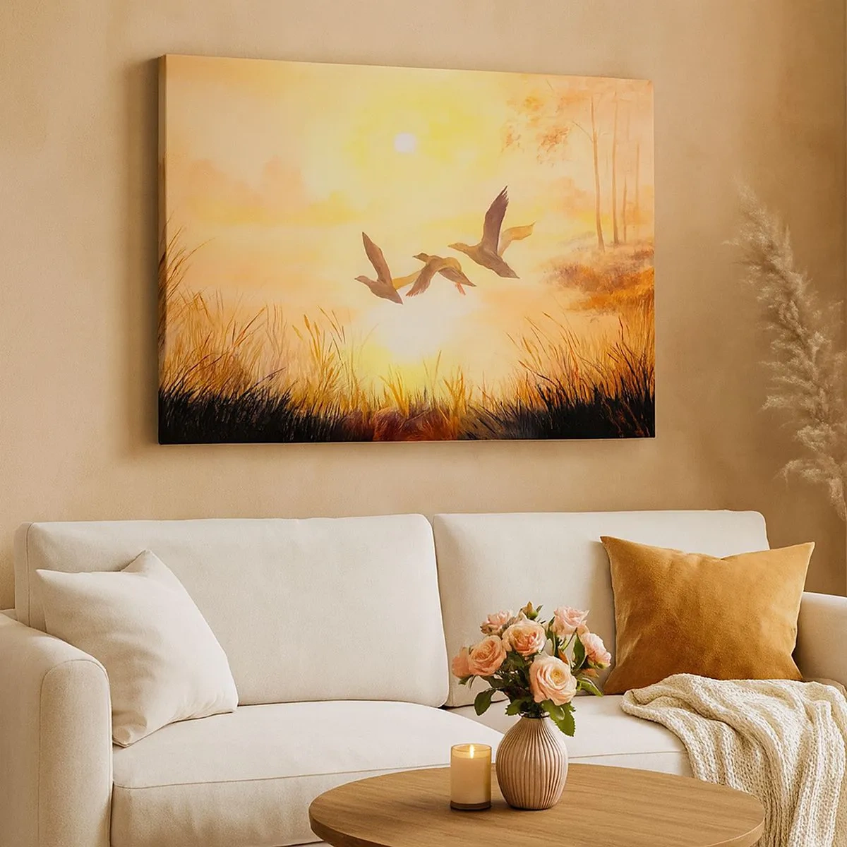 Quadro su tela - Stampe su Tela - Anatre che volano all'alba sul lago - 70x50cm - L'inizio di un lungo viaggio - Decorazione murale moderna per soggiorno e camera da letto ARTTOR