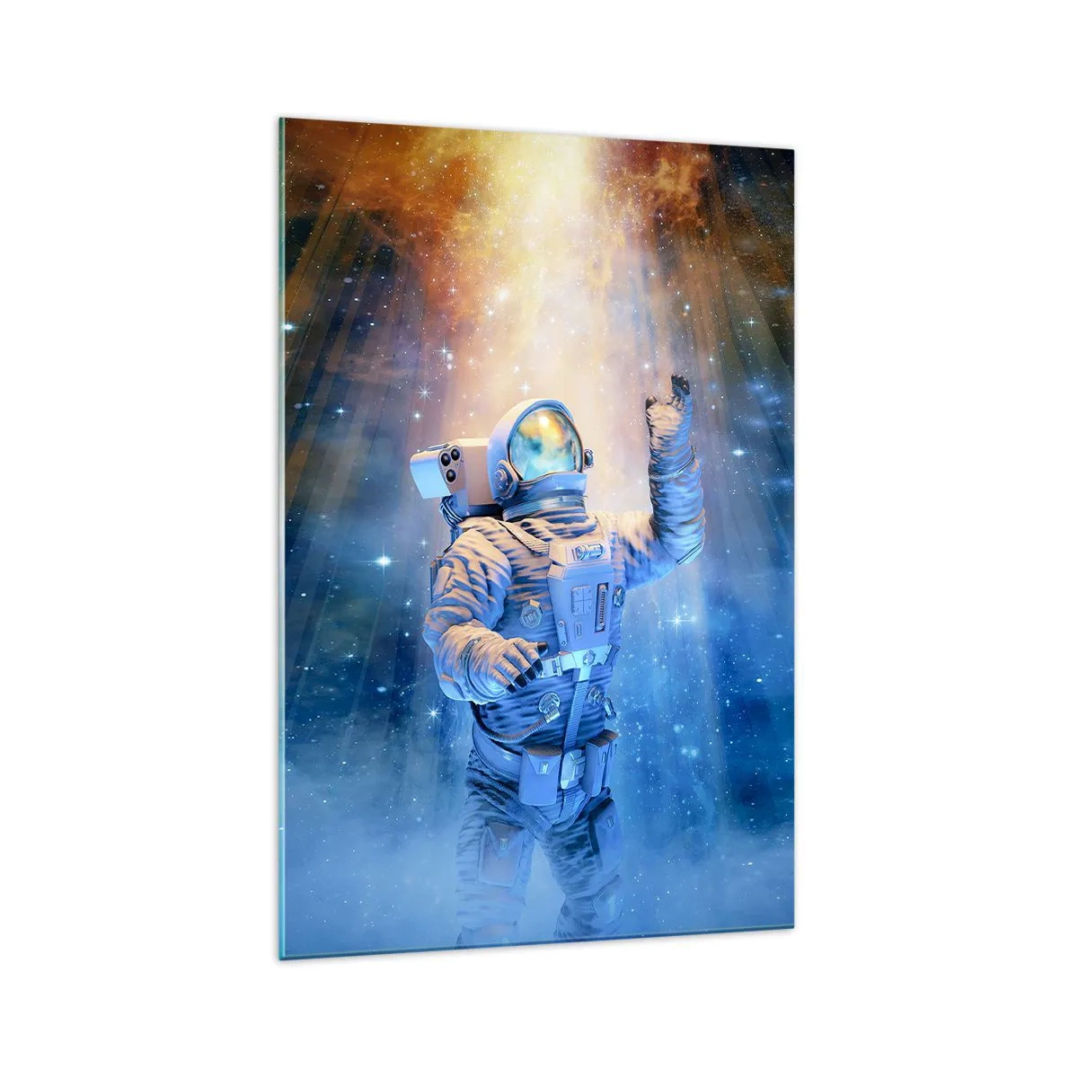 Quadro su vetro - Astronauta alla luce di un'esplosione cosmica piena di stelle - 70x100cm - Finalmente alla meta - Decorazione murale moderna per soggiorno e camera da letto ARTTOR