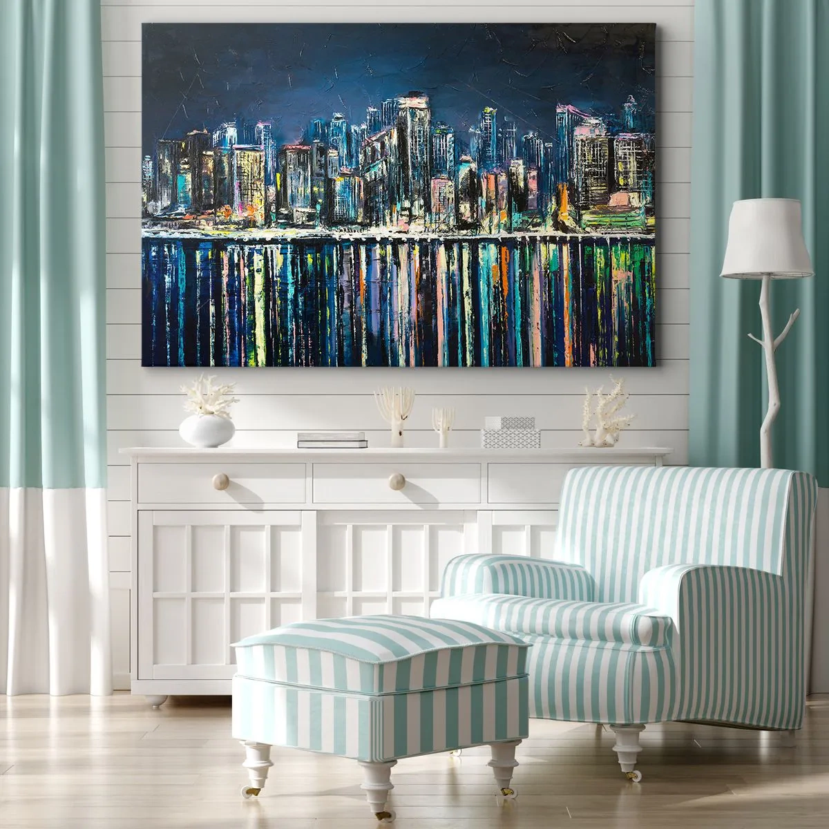 Quadro su tela - Stampe su Tela - Panorama della città notturna riflessa nell'acqua - 70x50cm - Cascata di luci - Decorazione murale moderna per soggiorno e camera da letto ARTTOR