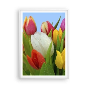 Poster in cornice bianca - Fiori multicolori nella rugiada - 70x100 cm