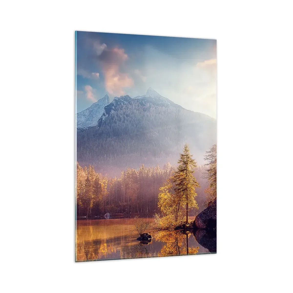 Quadro su vetro - Vista pittoresca della foresta di montagna e del lago all'alba - 70x100cm - Sui monti e nelle valli - Decorazione murale moderna per soggiorno e camera da letto ARTTOR