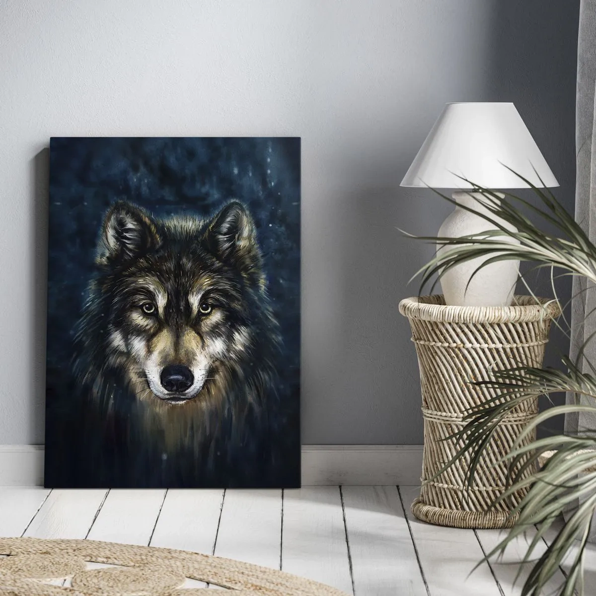 Quadro su tela - Stampe su Tela - Ritratto di un lupo su sfondo blu scuro - 50x70cm - Alfa? E omega - Decorazione murale moderna per soggiorno e camera da letto ARTTOR