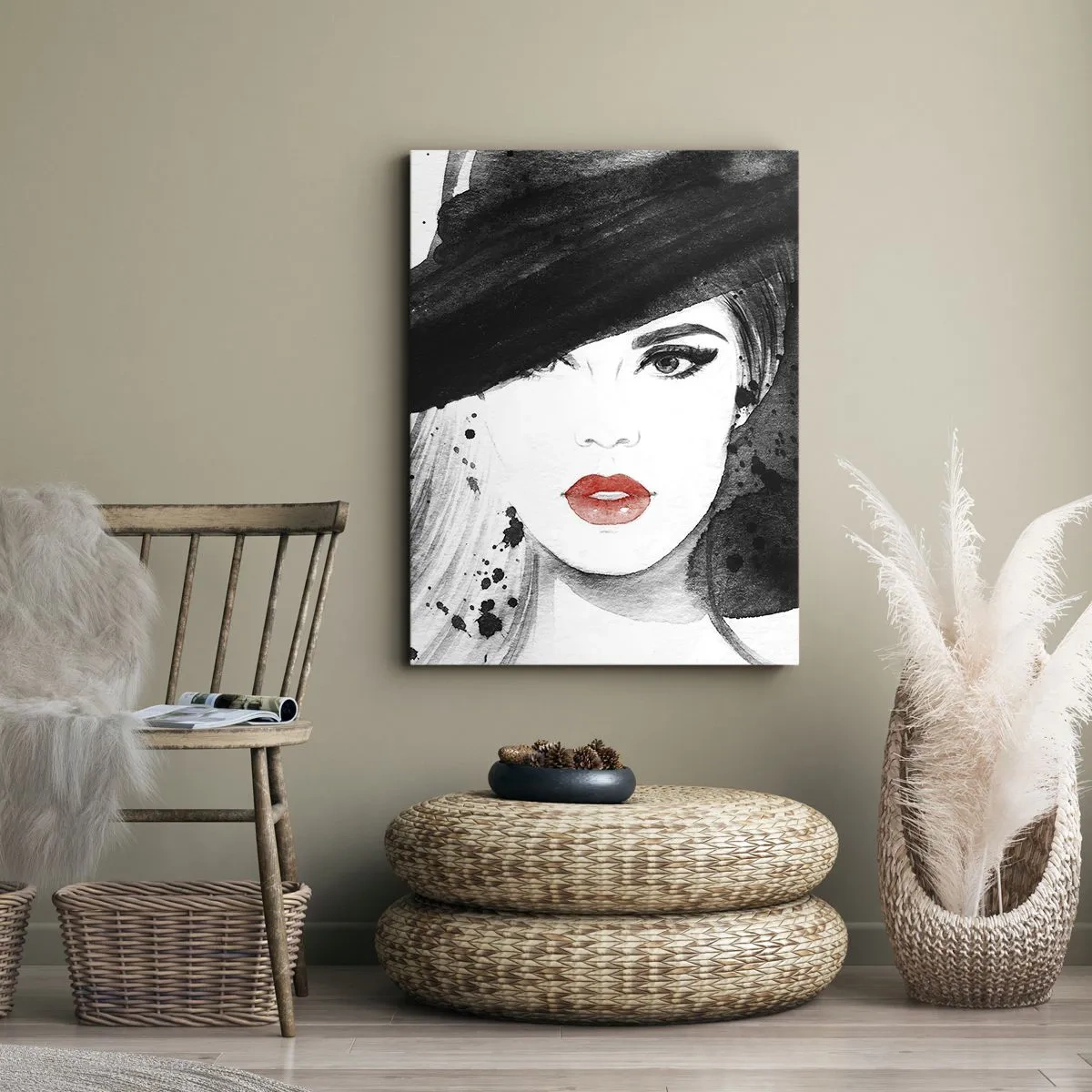 Quadro su tela - Stampe su Tela - Ritratto di una donna con un cappello e labbra rosse - 50x70cm - Donna in nero - Decorazione murale moderna per soggiorno e camera da letto ARTTOR
