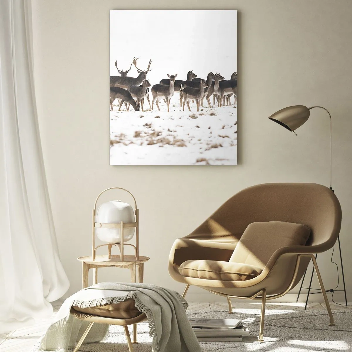 Quadro su vetro - Una fotografia di una mandria di cervi in un paesaggio innevato - 50x70cm - Tra poco è Natale? - Decorazione murale moderna per soggiorno e camera da letto ARTTOR