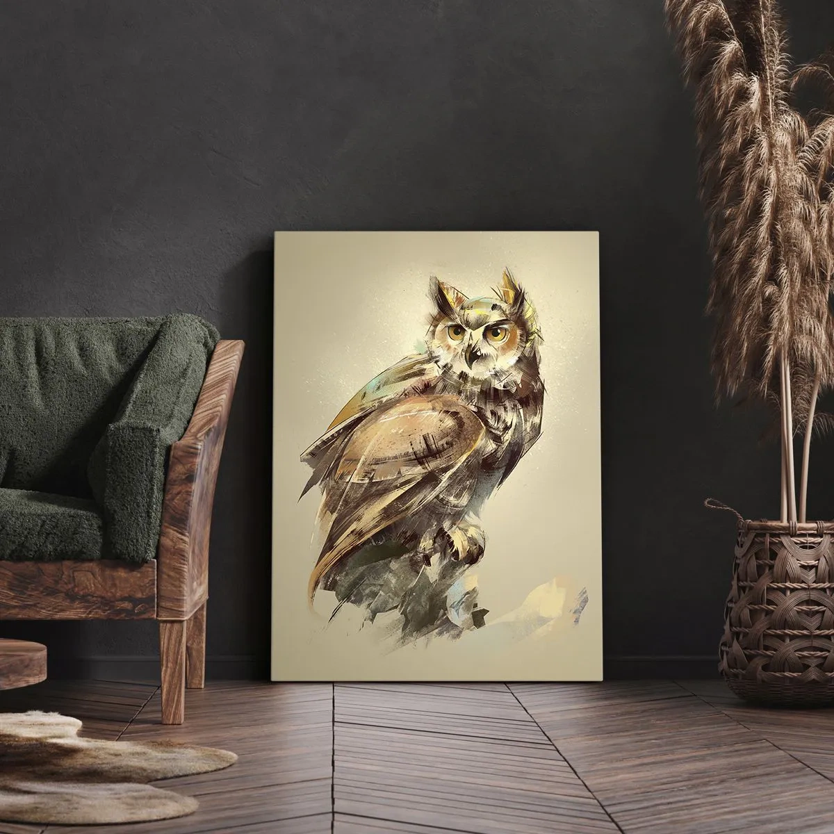 Quadro su tela - Stampe su Tela - Ritratto artistico di un gufo su uno sfondo chiaro dalle tonalità calde. - 50x70cm - Il gufo più saggio - il querceto lo conferma - Decorazione murale moderna per soggiorno e camera da letto ARTTOR