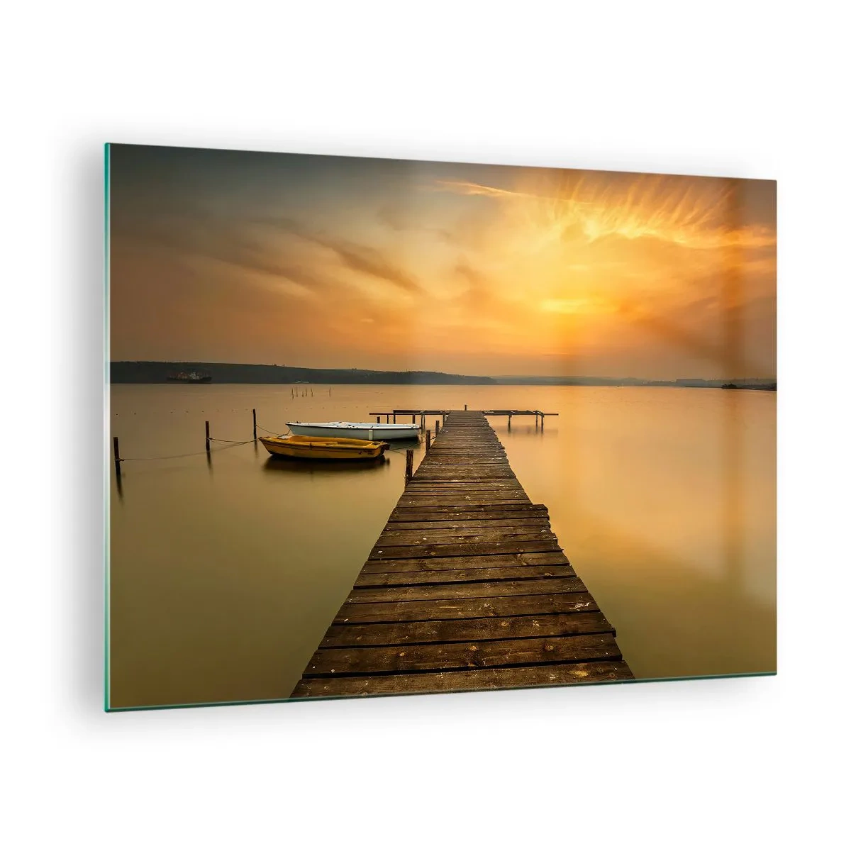 Quadro su vetro - Molo sul lago al tramonto con una barca - 70x50cm - Ti apro il cielo dorato - Decorazione murale moderna per soggiorno e camera da letto ARTTOR
