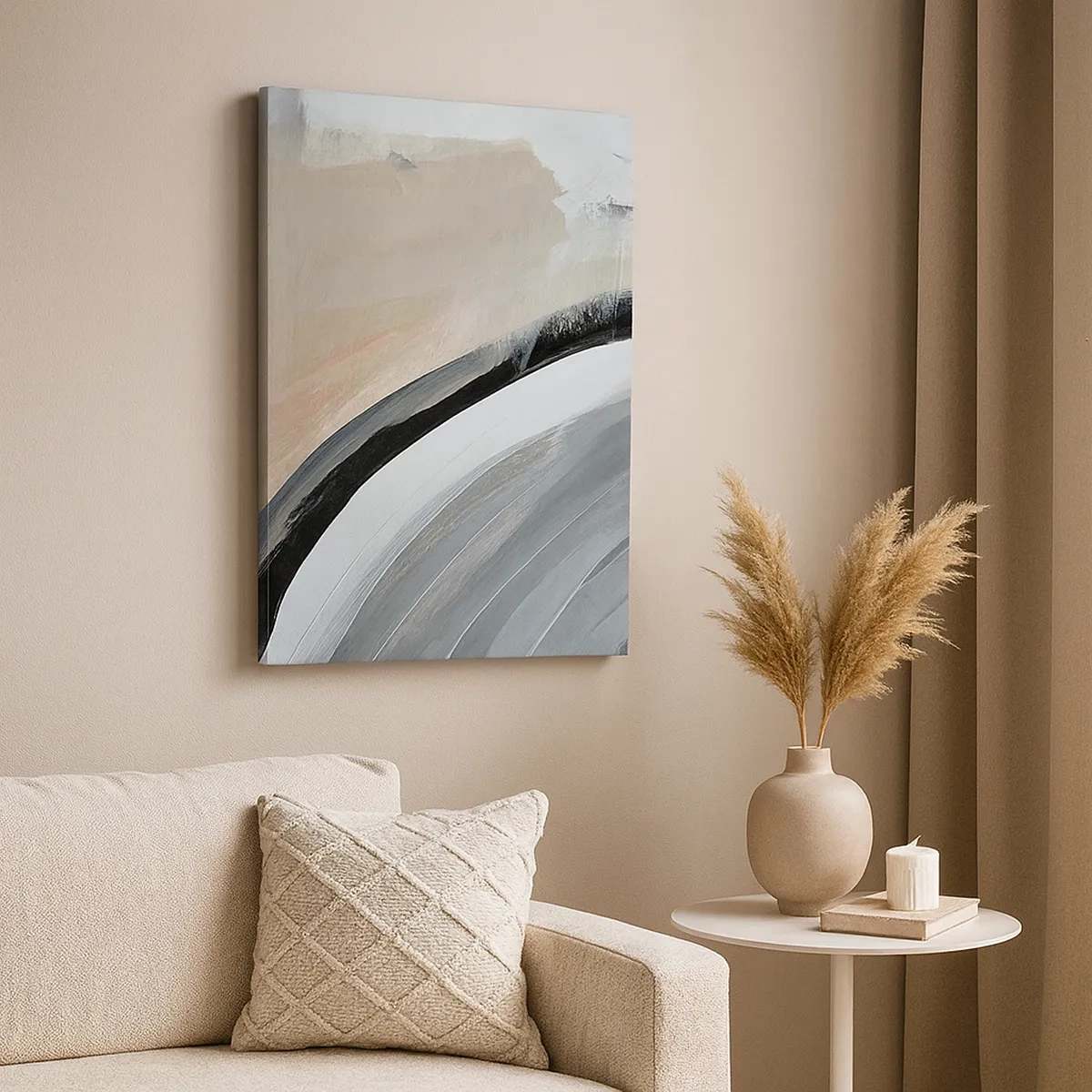 Quadro su tela - Stampe su Tela - Arco astratto nei toni del nero, grigio e beige - 50x70cm - Composizione: arco di nero e grigio - Decorazione murale moderna per soggiorno e camera da letto ARTTOR