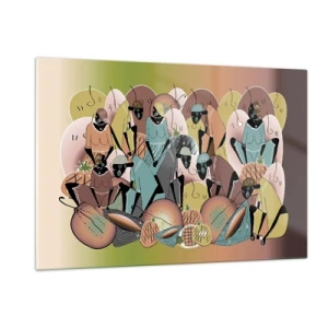 Quadro su vetro - Un'illustrazione astratta di figure nelle tonalità del beige, del verde e del rosa. - 120x80cm - Arriva la grande festa - Decorazione murale moderna per soggiorno e camera da letto ARTTOR