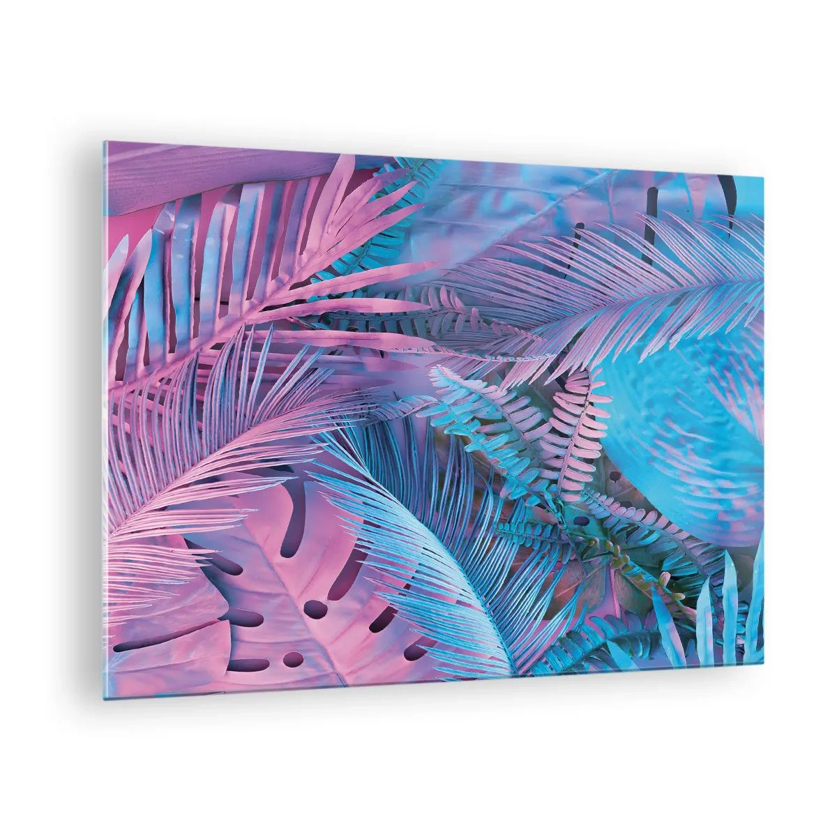 Quadro su vetro - Foglie tropicali nei toni del rosa e del blu su uno sfondo neon - 70x50cm - Tropici in rosa e blu - Decorazione murale moderna per soggiorno e camera da letto ARTTOR
