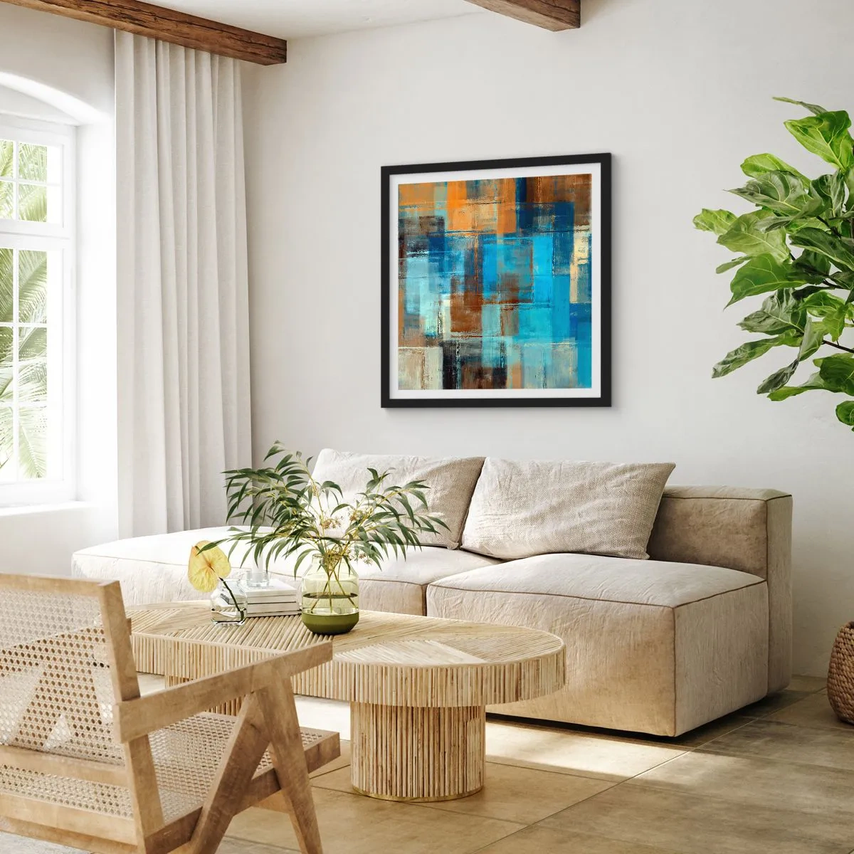 Poster in cornice nera - Attraverso la tenda blu - 40x40 cm