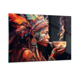 Quadro su vetro - Una figura con un copricapo piumato che beve una pozione in un'atmosfera mistica - 120x80cm - Rituale magico - Decorazione murale moderna per soggiorno e camera da letto ARTTOR