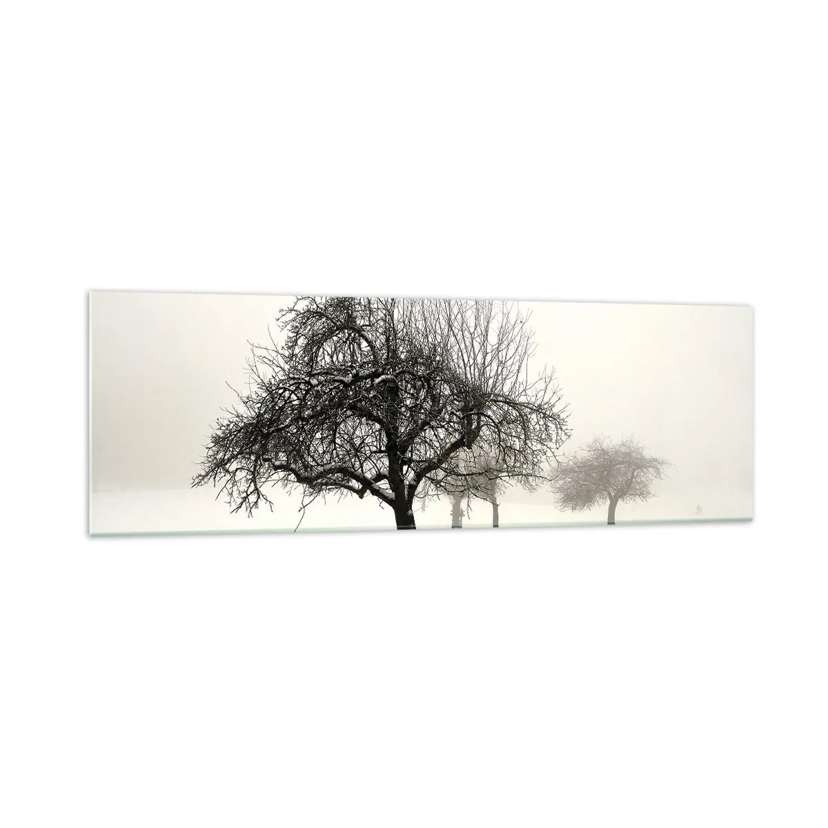 Quadro su vetro - Alberi in un campo innevato circondato dalla nebbia - 160x50cm - Sogno invernale - Decorazione murale moderna per soggiorno e camera da letto ARTTOR