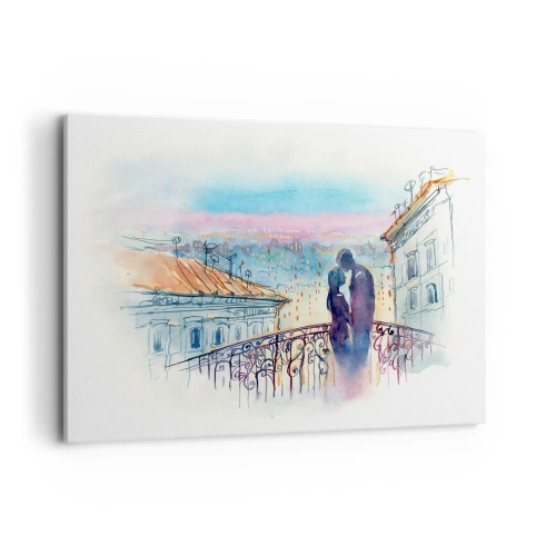Quadro su tela - Stampe su Tela - Coppia romantica su un balcone con vista sulla città - 120x80cm - Amanti parigini - Decorazione murale moderna per soggiorno e camera da letto ARTTOR