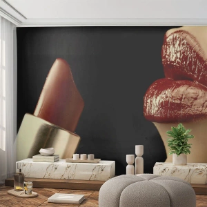 Fotomurali Premium Sand - Labbra sensuali con rossetto rosso su sfondo nero - 100x70cm - Sensualità e splendore del carminio - Decorazione murale moderna per soggiorno e camera da letto ARTTOR