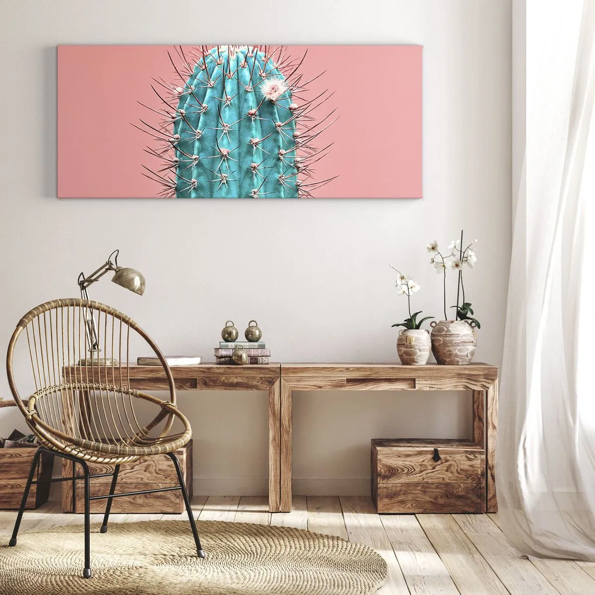 Quadro su tela - Stampe su Tela - Un'interpretazione artistica di un cactus su uno sfondo rosa - 140x50cm - Stai attento - Decorazione murale moderna per soggiorno e camera da letto ARTTOR
