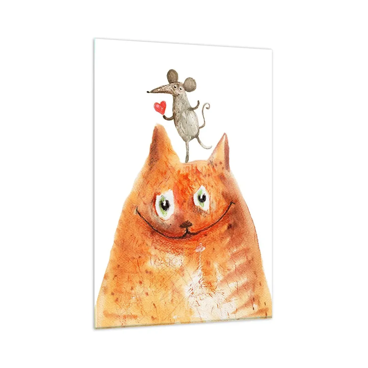 Quadro su vetro - Un disegno di un gatto con un topo sulla testa che tiene un cuore - 80x120cm - I paradossi dell'amore - Decorazione murale moderna per soggiorno e camera da letto ARTTOR