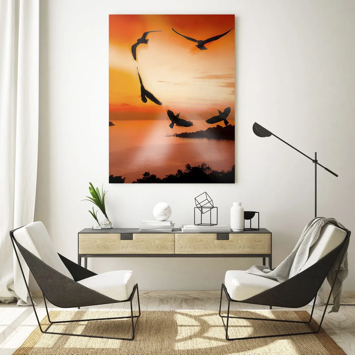 Quadro su vetro - Uccelli che formano un cuore sullo sfondo di un tramonto - 50x70cm - Ama il mondo come fanno gli uccelli - Decorazione murale moderna per soggiorno e camera da letto ARTTOR