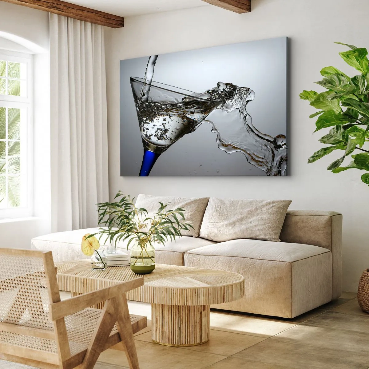 Quadro su tela - Stampe su Tela - Un bicchiere d'acqua in movimento su uno sfondo chiaro - 70x50cm - Acqua cristallina in vetro di cristallo - Decorazione murale moderna per soggiorno e camera da letto ARTTOR
