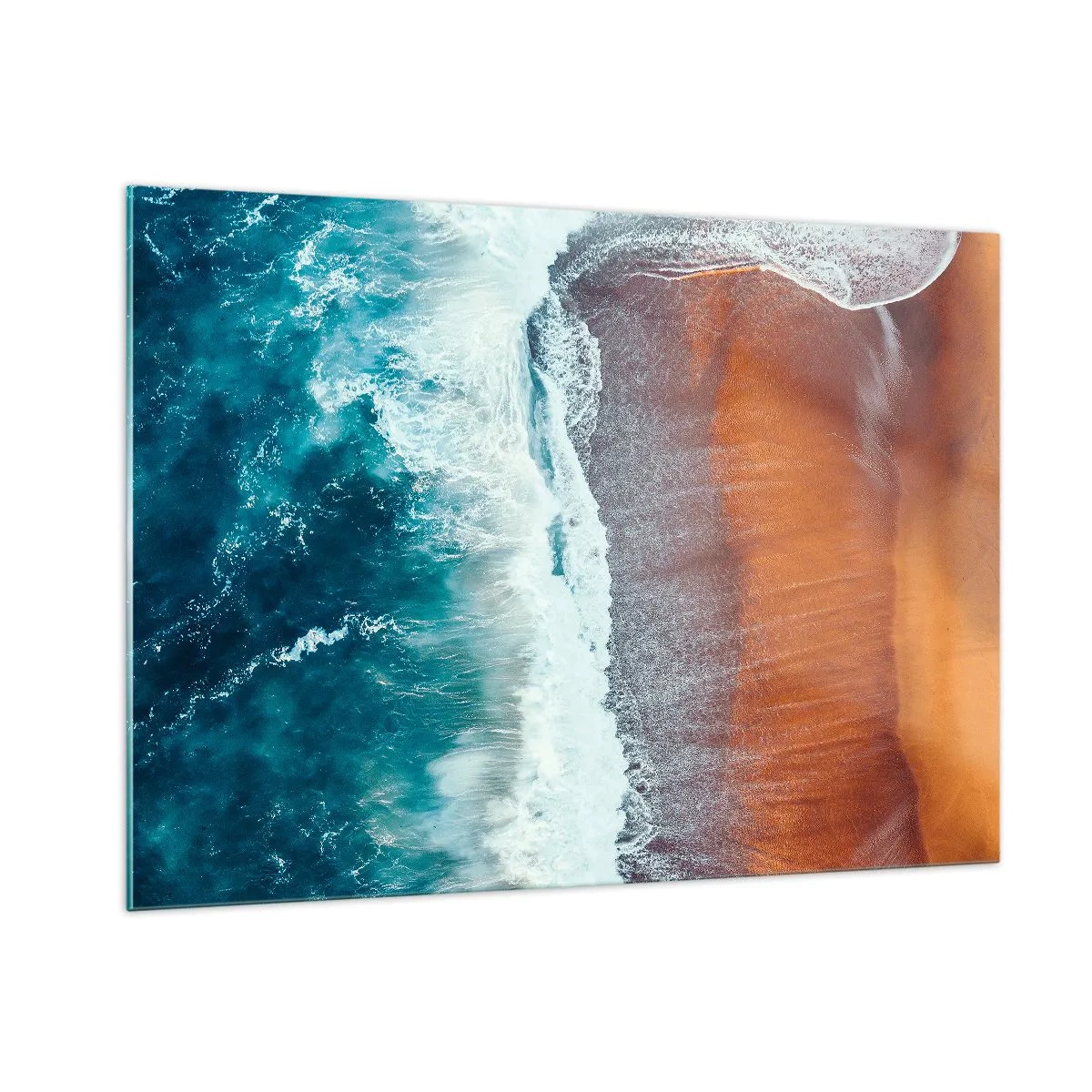 Quadro su vetro - Vista aerea della superficie dell'oceano e della riva della spiaggia - 100x70cm - Il tocco dell'oceano - Decorazione murale moderna per soggiorno e camera da letto ARTTOR