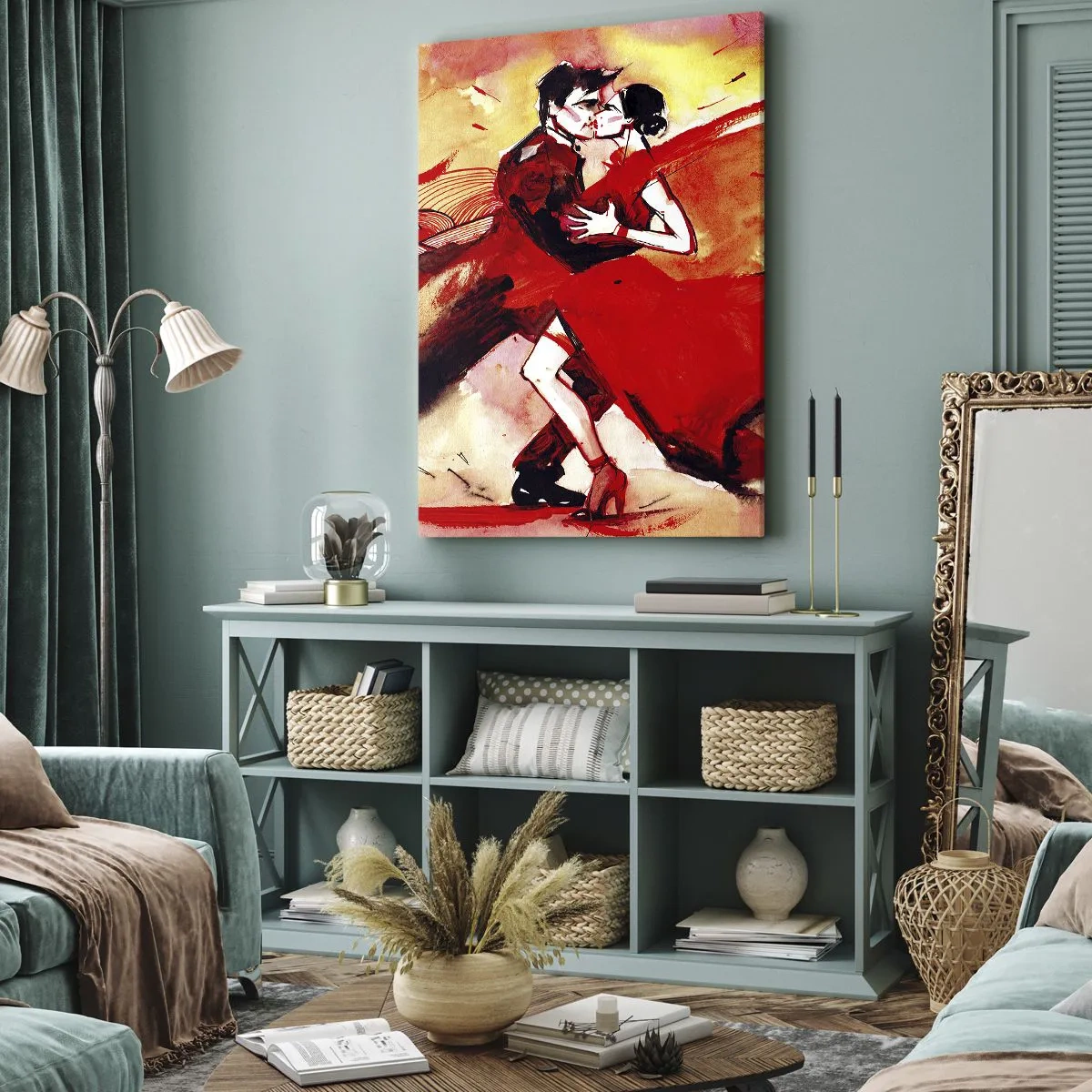 Quadro su tela - Stampe su Tela - Una coppia che balla il tango nei toni del rosso su uno sfondo dinamico. - 80x120cm - Il ritmo porpora della passione - Decorazione murale moderna per soggiorno e camera da letto ARTTOR