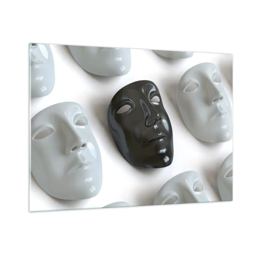 Quadro su vetro - Una maschera in bianco e nero su uno sfondo di maschere bianche su uno sfondo chiaro - 100x70cm - Come distinguersi? - Decorazione murale moderna per soggiorno e camera da letto ARTTOR