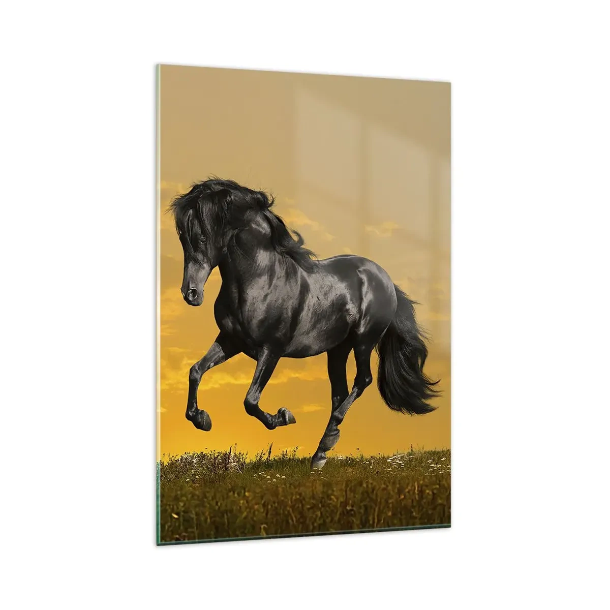 Quadro su vetro - Un cavallo nero galoppa sullo sfondo di un tramonto dorato. - 80x120cm - Bello, libero e selvaggio - Decorazione murale moderna per soggiorno e camera da letto ARTTOR