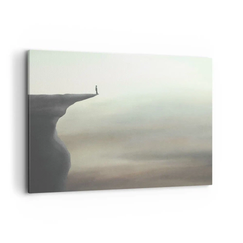 Quadro su tela - Stampe su Tela - Sagoma di una figura sul bordo di una scogliera in un paesaggio nebbioso - 100x70cm - Certamente verso l'alto! - Decorazione murale moderna per soggiorno e camera da letto ARTTOR
