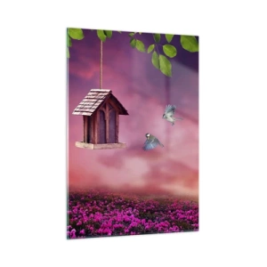 Quadro su vetro - Una mangiatoia per uccelli contro un cielo rosa - 50x70cm - Invito a cena - Decorazione murale moderna per soggiorno e camera da letto ARTTOR